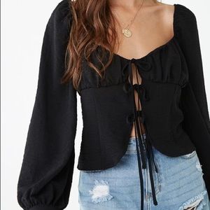Forever 21 Long Sleeve Self-Tie Cutout Top IVORY